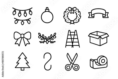 Decorating Icons Collection. Decorating together. Line icon set of decorating together: string lights, ornament, wreath, ribbon, bow, garland, ladder, storage
