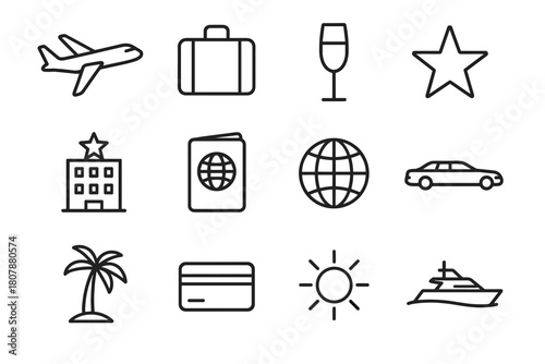 Luxury Travel Icons. Luxury travel. Solid icon set of luxury travel: airplane, luggage, champagne glass, bed, palm tree, car, mountain, sun, spa bowl, map,