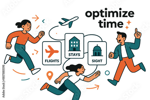 AI Travel Planner. AI Assistants ? Trip Planner. Cards for flights, stays, and sights snap into a smooth itinerary line; a tiny plane follows the path. Caption