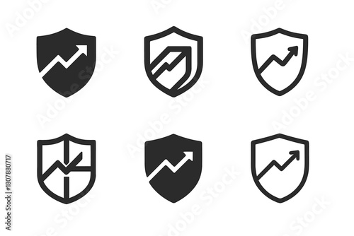 Securities Emblem Variations. Bonds and securities. Icon set. Set Logo of guaranteed yield: rising line with shield background. harmonious logo variations of