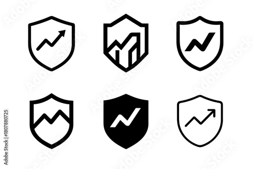 Securities Emblem Variations. Bonds and securities. Icon set. Set Logo of guaranteed yield: rising line with shield background. harmonious logo variations of