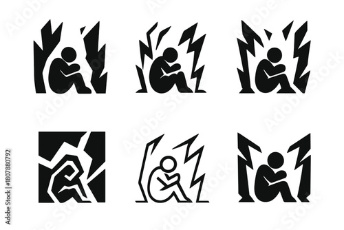 Depression Wall Logos. Wall of depression closing in around a figure. Icon set. Set Logo of wall of depression closing in around a figure: circular barrier of