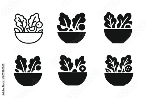 Salad Bowl Logos. Salad bowl. Icon set. Set Logo of salad bowl: abstract emblem of nourishment and wellness. harmonious logo variations of the same emblematic