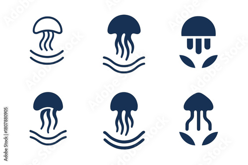 Bioluminescent Icons. Bioluminescence and human applications. Icon set. Set Logo of Bioluminescence: glowing jellyfish emitting light waves. harmonious logo