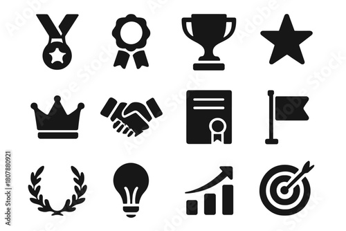 Achievement Awards Icons. Achievement awards. Solid icon set of achievement awards: medal, ribbon, trophy, star, crown, handshake, certificate, flag, laurel