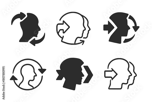 Identity Switch Icons. Digital avatars and evolving identity. Icon set. Set Logo of Identity Switch: Profile with arrows indicating change. Flat solid, Iconic