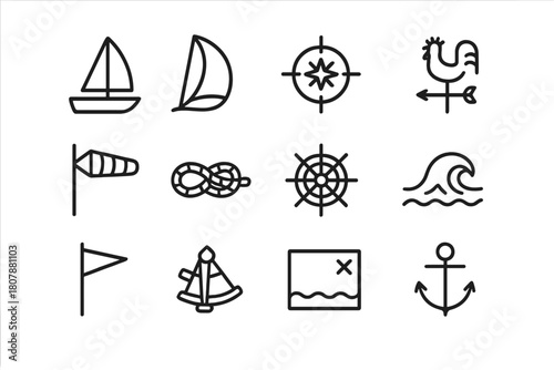Sailing Icon Collection. Sailing winds. Line icon set of sailing winds: sailboat, spinnaker, compass, wind vane, wind sock, knot rope, helm wheel, sea wave,