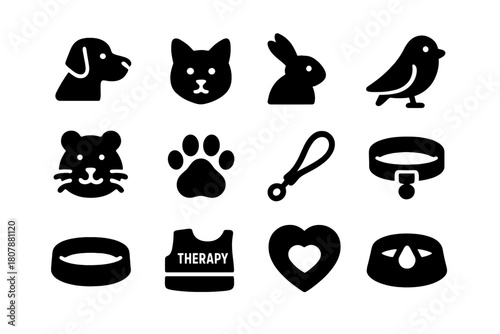 Animal Support Icons. Animal Support. Solid icon set of Animal Support: dog, cat, rabbit, bird, hamster, paw print, leash, collar, pet bed, therapy vest, heart