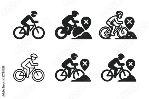 Bicycle Treasure Hunt Icons. bicycle treasure hunts. Icon set. Set Logo of bicycle treasure hunts: bike trail with X mark. harmonious logo variations of the