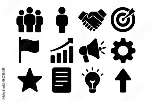 Team Leadership Icons. Team leadership. Solid icon set of team leadership: people group, person in front, handshake, target, flag, chart, megaphone, gear,