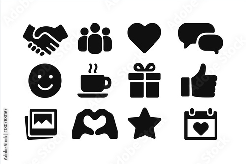 Friendship Icons Collection. Friendship. Line icon set of friendship: handshake, heart, two people, coffee cup, camera, group chat, shared meal, laughter