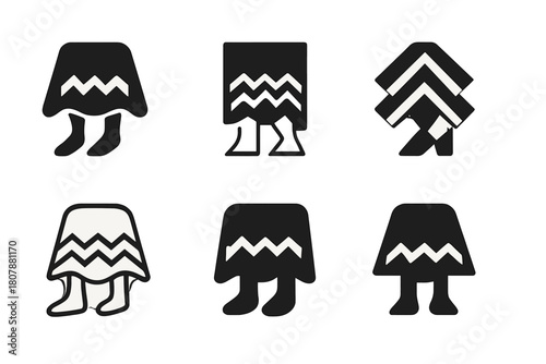 Cozy Blanket Logos. Blanket over knees. Icon set. Set Logo of blanket over knees: legs covered with patterned throw blanket. harmonious logo variations of the