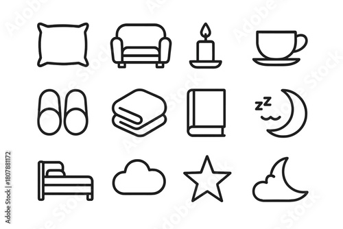 Rest Icons Collection. Rest and Relaxation. Line icon set of Rest and Relaxation: pillow, sofa, candle, tea cup, slippers, blanket, book, sleeping face, bed,