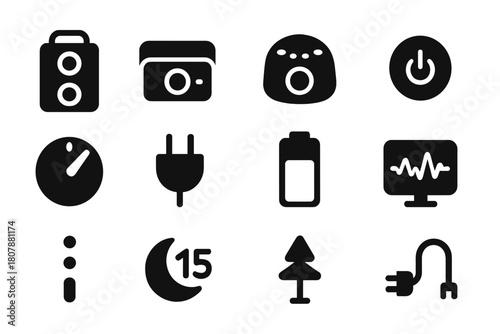 Sound Device Icons. Sound machine devices. Solid icon set of Sound machine devices: portable speaker, home sound unit, bedside device, on/off button, dial