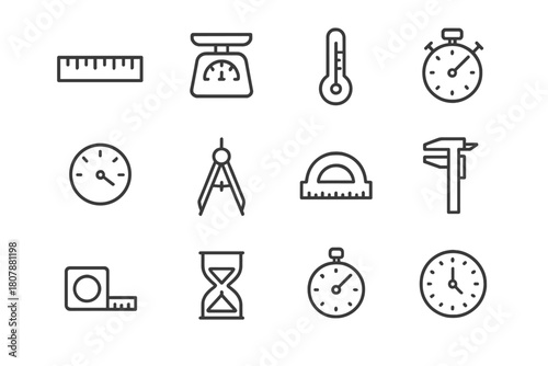 Measurement Device Icons. Measurement Devices. Line icon set of Measurement Devices: ruler, scale, thermometer, stopwatch, gauge, compass, protractor, caliper,