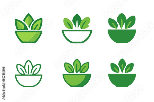 Salad Bowl Variations. Salad bowl. Icon set. Set Logo of salad bowl: healthy meal with greens in open container. harmonious logo variations of the same