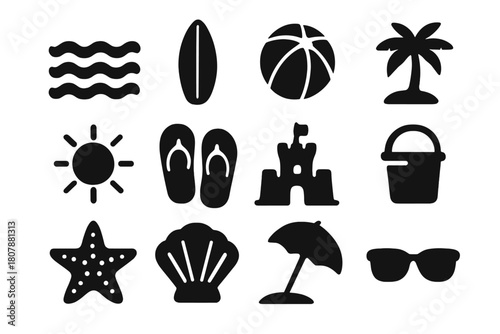 Ocean Fun Icons. Ocean Fun. Solid icon set of Ocean Fun: waves, surfboard, beach ball, palm tree, sun, flip flops, sandcastle, bucket, starfish, seashell,