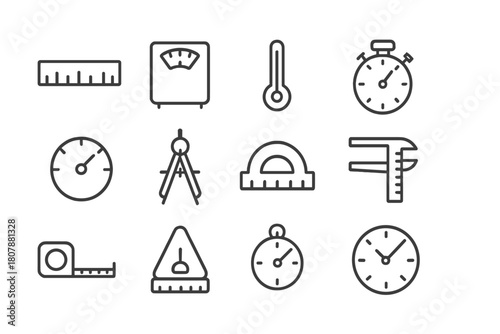 Measurement Device Icons. Measurement Devices. Line icon set of Measurement Devices: ruler, scale, thermometer, stopwatch, gauge, compass, protractor, caliper,