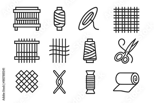 Weaving Icon Set. Weaving. Line icon set of weaving: loom, thread, yarn, shuttle, fabric grid, warp, weft, spool, scissors, pattern, knot, textile roll. All