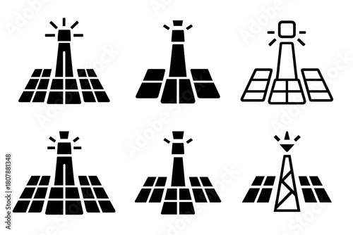 Solar Energy Icons. Solar power plants. Icon set. Set Logo of solar power plants: solar tower and mirrors. harmonious logo variations of the same emblematic