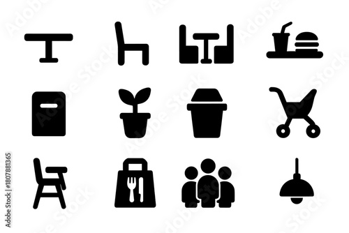 Food Court Icons. Food court experience. Solid icon set of Food court experience: shopping bag, food tray, dining group, mall hall, escalator, cash register,