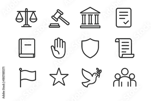 Law Icon Line Art. Justice and law. Line icon set of justice and law: scales, gavel, courthouse, document, book, raised hand, shield, scroll, flag, star, dove,