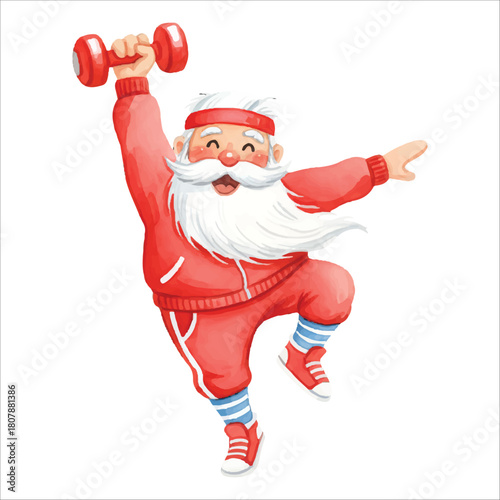 Santa Claus Aerobics Workout Watercolor Vector, Isolated, White Background, Christmas Exercise Art
