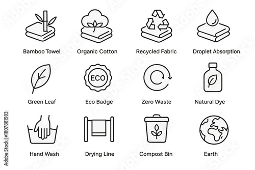 Eco-friendly Towel Icons. Eco-friendly towels. Line icon set of eco-friendly towels: bamboo towel, organic cotton, recycled fabric, droplet absorption, green