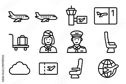 Commercial Aviation Icons. Commercial aviation. Line icon set of commercial aviation: jet plane, airliner, control tower, boarding gate, luggage