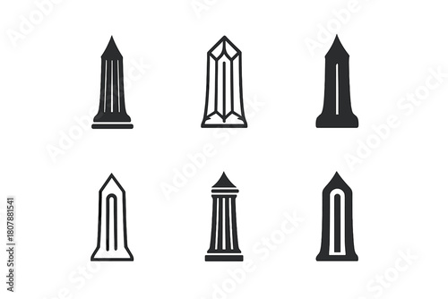 Elegant Tower Logos. Slim columns. Icon set. Set Logo of slim columns: elegant tower. harmonious logo variations of the same emblematic concept, each with