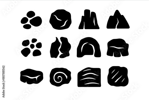 Stone Texture Icons. Stone and rock textures. Solid icon set of stone and rock textures: pebble, boulder, cliff, mountain, gravel, crack, cave, plateau, wave,