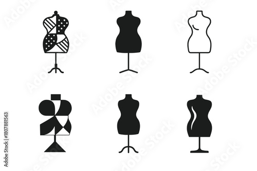 Fashion Diversity Icons. Diversity in fashion. Icon set. Set Logo of diversity in fashion: mannequin figures of various shapes and patterns. harmonious logo