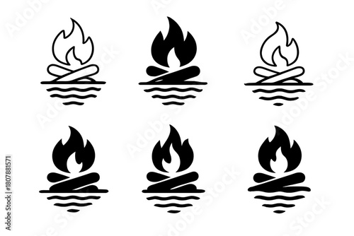Beach Bonfire Icons. Beach bonfire gatherings. Icon set. Set Logo of Beach bonfire gatherings: Toasting marshmallows. harmonious logo variations of the same