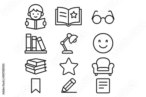 Children Reading Icons. Children Reading. Line icon set of Children Reading: child with book, storybook, glasses, bookshelf, reading lamp, smiling face, stack
