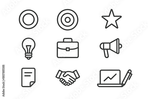 Business Outline Icons. Business branding. Line icon set of business branding: logo, target, star, light bulb, briefcase, megaphone, document, handshake,