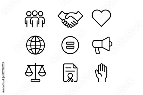 Diversity Icon Set. Diversity and inclusion. Line icon set of diversity and inclusion: people group, handshake, heart, globe, equality symbol, megaphone,