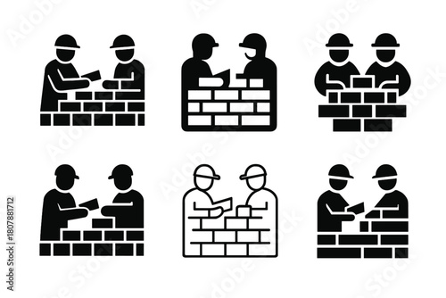 Bricklayer Logo Set. Bricklayers constructing buildings. Icon set. Set Logo of Bricklayers constructing buildings: Workers collaborating on wall. harmonious