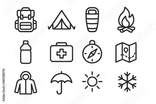 Survival Essentials Icon Set. Survival essentials. Line icon set of Survival essentials: backpack, tent, sleeping bag, fire, water bottle, first aid kit,