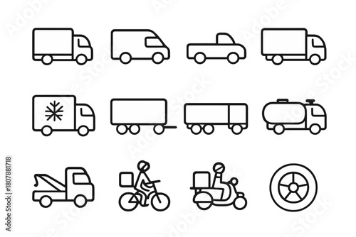 Delivery Vehicle Icons. Delivery vehicles. Line icon set of delivery vehicles: delivery truck, van, pickup truck, cargo truck, refrigerated truck,