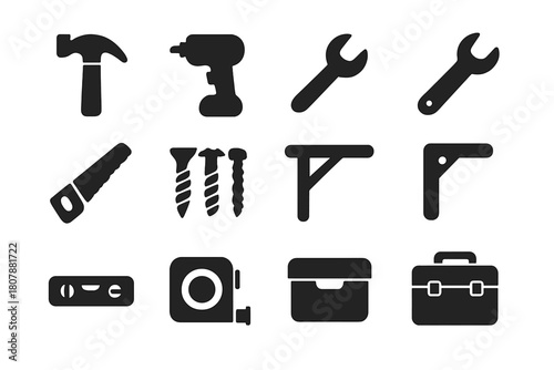 DIY Tool Icon Set. DIY tools. Line icon set of DIY tools: hammer, screwdriver, wrench, pliers, saw, drill, tape measure, nails, bolts, level, utility knife,