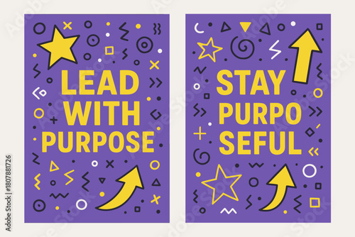 Purposeful Leadership Banners. Lead with purpose. Two vertical A6 banners with safe margins, centered composition, no elements touching edges, memphis, purple