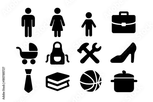 Gender Role Icons. Gender Roles. Solid icon set of Gender Roles: man, woman, child, briefcase, baby stroller, apron, tools, high heel, tie, school book, sports