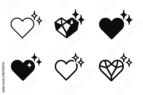 Sparkle Culture Icons. McBling. Icon set. Set Logo of sparkle culture: crystal heart with shine lines. harmonious logo variations of the same emblematic