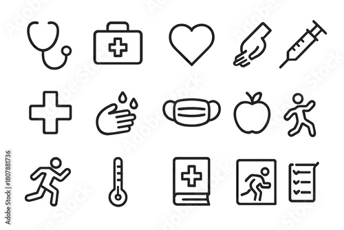 Preventive Healthcare Icons. Preventive healthcare. Line icon set of Preventive healthcare: stethoscope, first aid kit, heart, syringe, medical cross, hand
