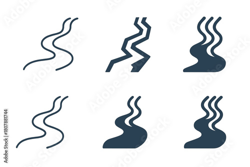 Family Hot Spring Adventure. A family exploring a natural hot spring in a remote mountain area. Icon set. Set Logo of Flowing Water: Stream feeding spring.