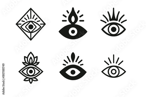 Spiritual Growth Emblems. Spiritual growth and finding purpose. Icon set. Set Logo of Spiritual growth and finding purpose: glowing third eye emblem.