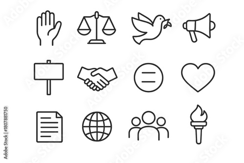 Civil Rights Icons. Civil rights. Line icon set of civil rights: raised hand, scales of justice, dove, megaphone, protest sign, handshake, equality symbol,