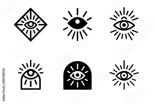 Spiritual Growth Emblems. Spiritual growth and finding purpose. Icon set. Set Logo of Spiritual growth and finding purpose: glowing third eye emblem.