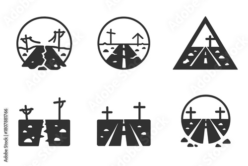 Wasteland Logo Variations. Wasteland. Icon set. Set Logo of wasteland: collapsed structure. harmonious logo variations of the same emblematic concept, each