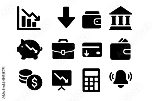 Market Downturn Icons. Market Downturn. Solid icon set of Market Downturn: falling graph, downward arrow, bank building, piggy bank, briefcase, wallet, coins,